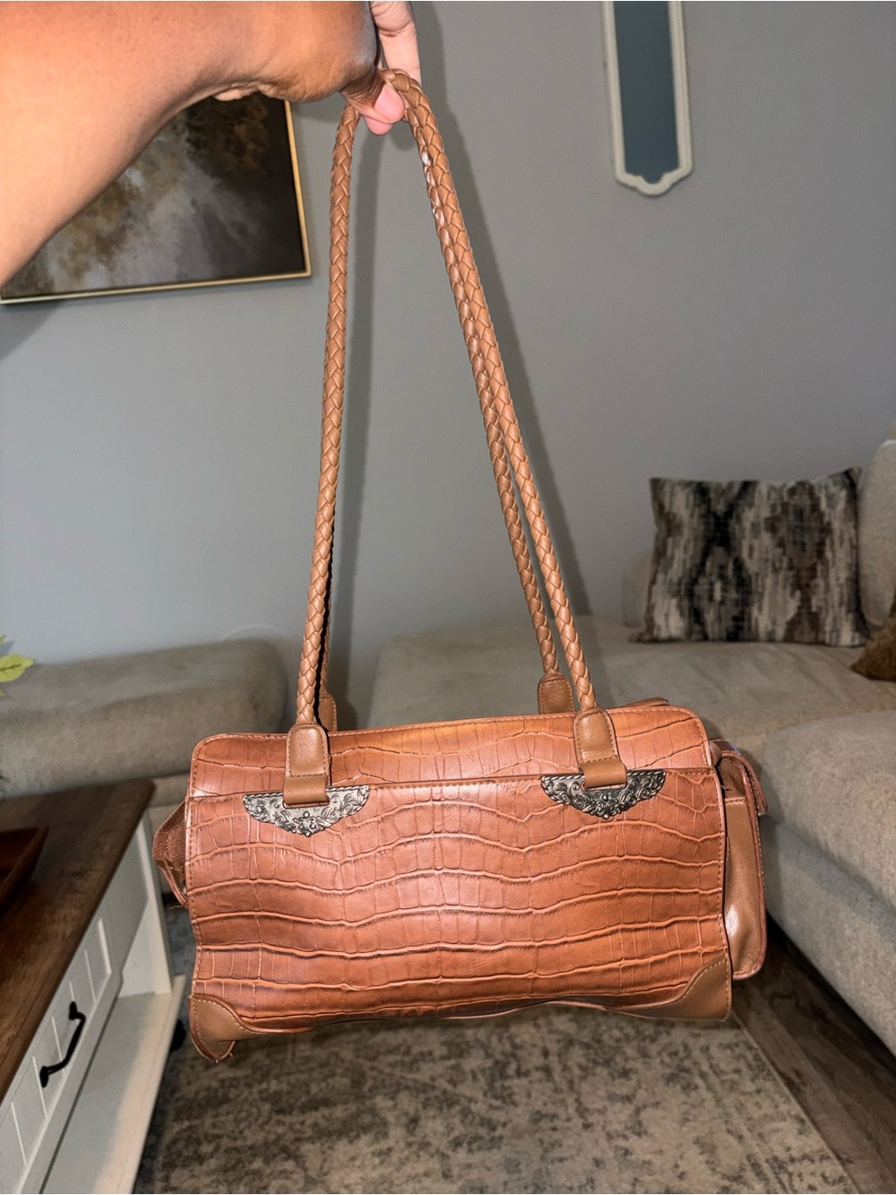 croft & barrow Tan Croc-Embossed Shoulder Bag with Braided Straps